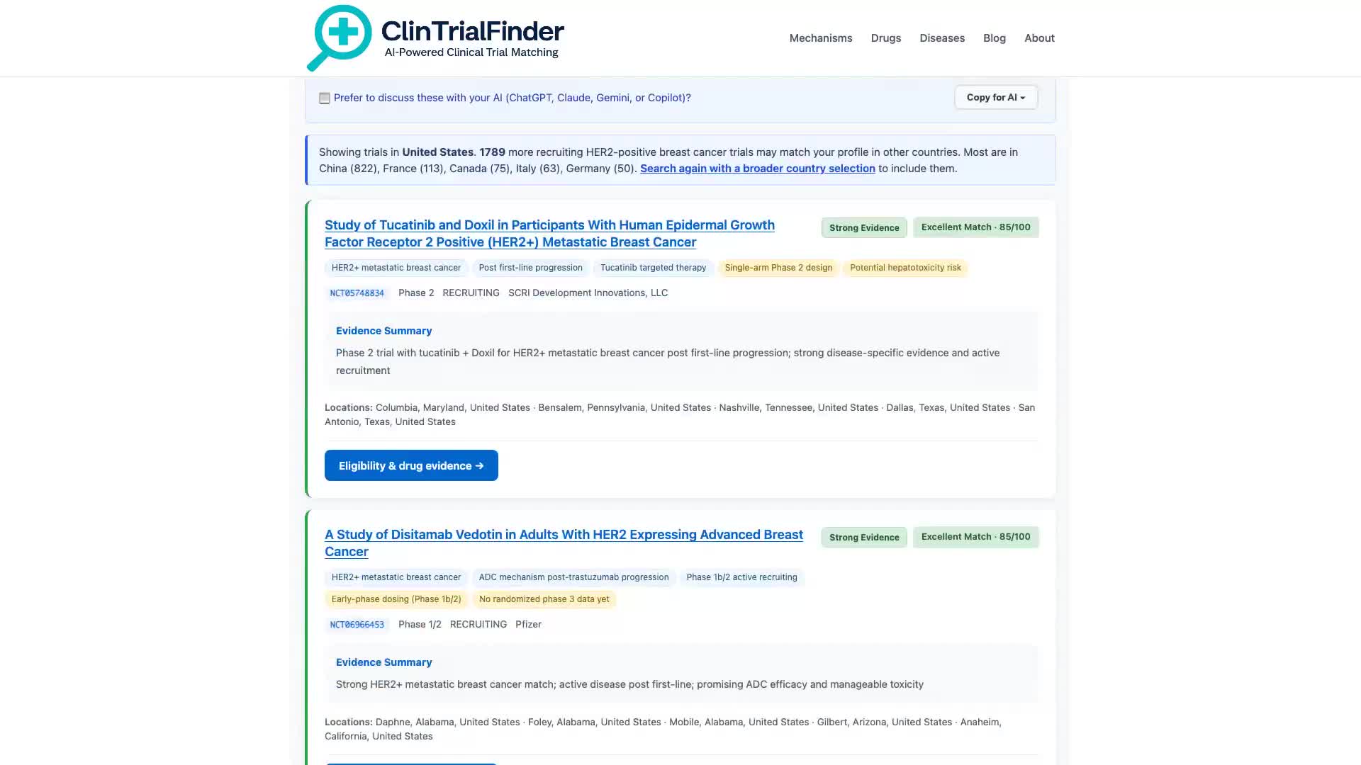 ClinTrialFinder demo — answer a few questions, then get ranked trials with a reason for each match