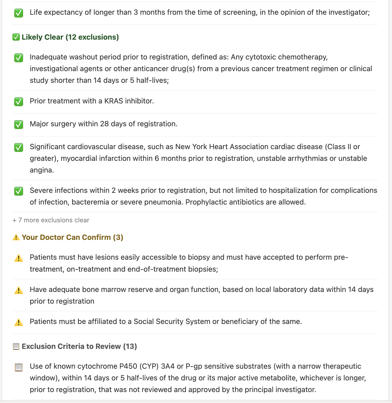 Trial detail page eligibility breakdown showing three categories: Likely Clear, Your Doctor Can Confirm, and Exclusion Criteria to Review