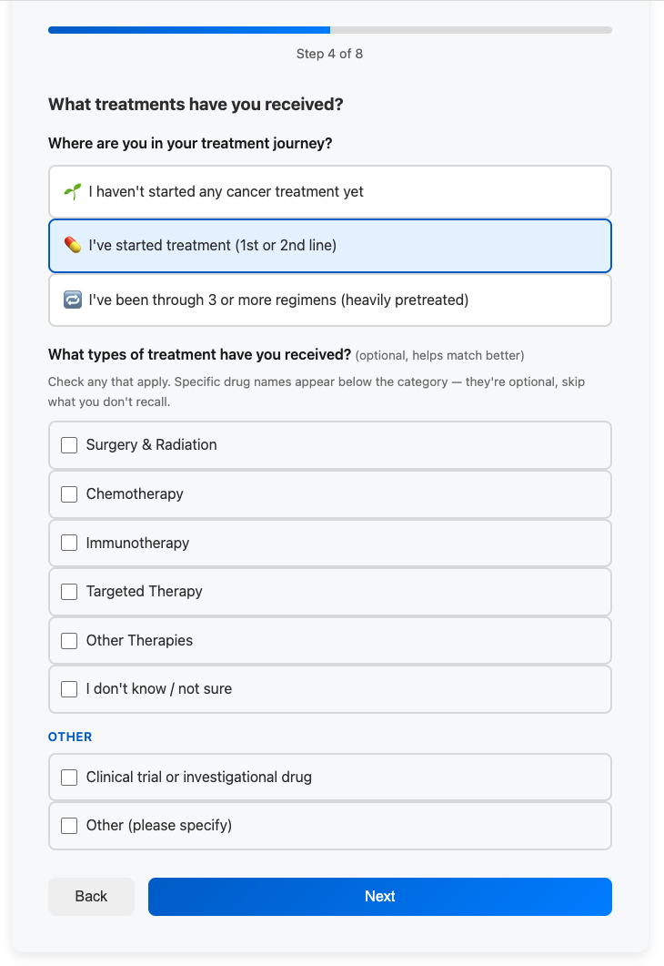 Wizard treatment-history step. Top: line-of-therapy options &mdash; treatment-naive, 1st or 2nd line (selected), heavily pretreated. Below: treatment category checkboxes (Surgery & Radiation, Chemotherapy, Immunotherapy, Targeted Therapy, Other Therapies, I don't know / not sure) plus Other section with Clinical trial and Other (please specify).